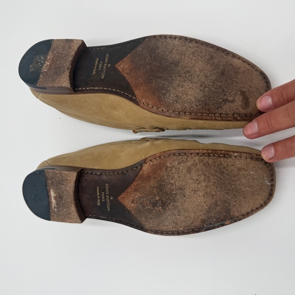 Louis Vuitton Beige Suede LV Buckle Loafers